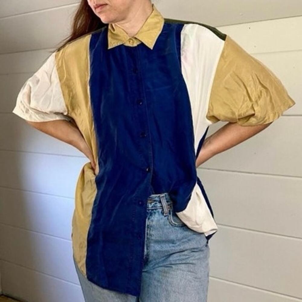 Vintage 90s Diana Marco Blue tan cream silk color block button up blouse Large